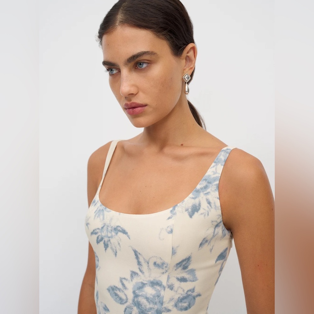 Reformation Cream Midi Dress with Light Blue Floral Print - Picture 3 of 4
